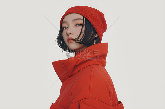 年轻女人穿着红色大衣图片