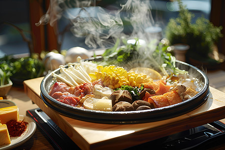 香菇鸡肉饭铁锅里的牛肉火锅背景