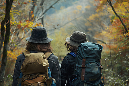 秋天森林里两个背包的人图片
