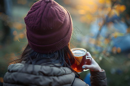 拿着玻璃茶杯的女人图片