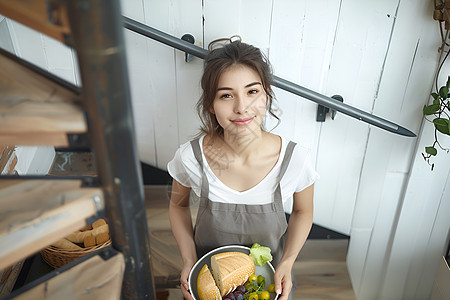 女人捧着食物上楼梯图片