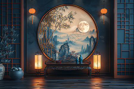 中式舞台房间里的画作背景