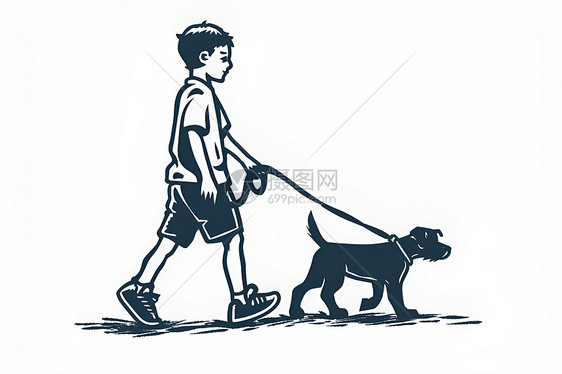 男孩牵着一只狗黑图片