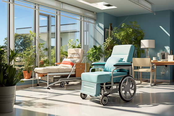 医院中的病床和轮椅图片