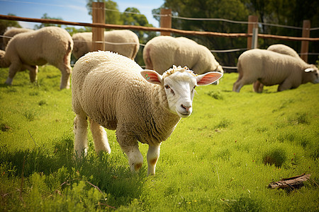 羊群在绿意盎然的田野上吃草图片