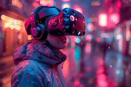霓虹都市夜间戴着VR眼镜的人高清图片