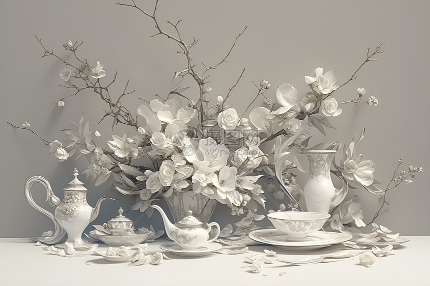 花束与茶具图片