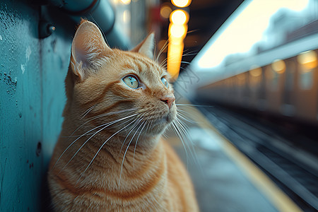 地铁站墙边的猫高清图片