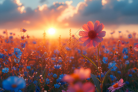 朝霞洒满花海图片