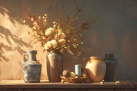 静物艺术陶瓷与花卉图片