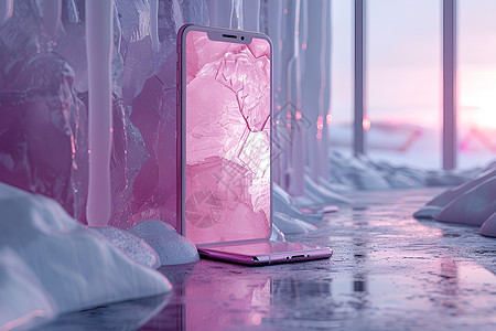 冰雪中的粉色手机图片