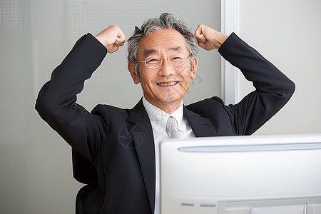 中年男人坐着电脑前举起拳头背景图片