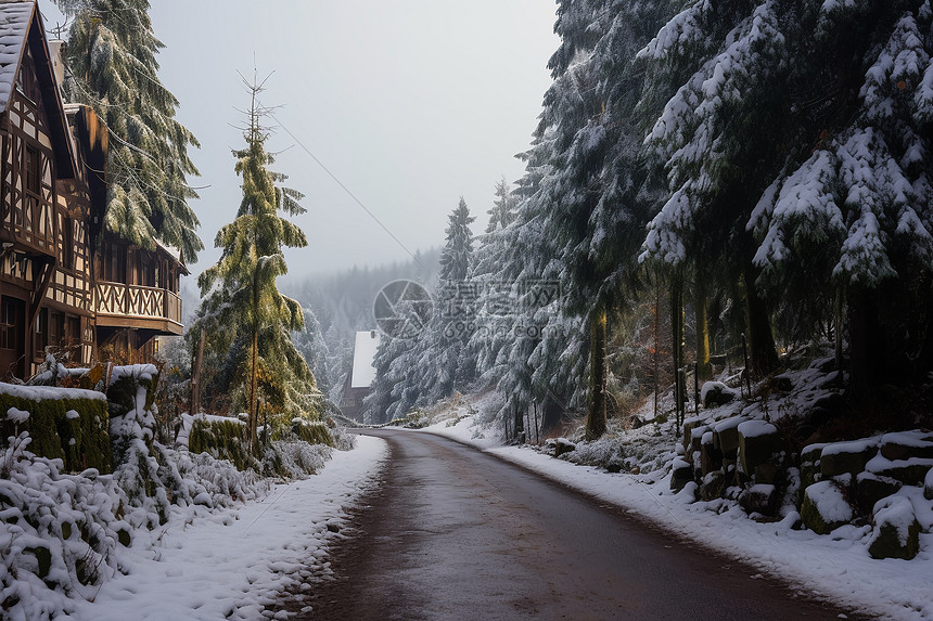 冬日的白雪皑皑的山道图片