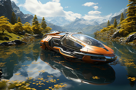 悬浮车在湖上徐徐滑行的汽车图片