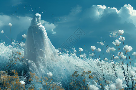白裙女子站在白花从中图片
