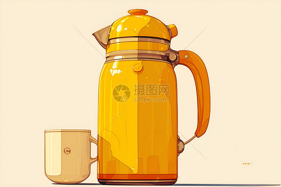 阳光下的黄色咖啡壶与杯子图片