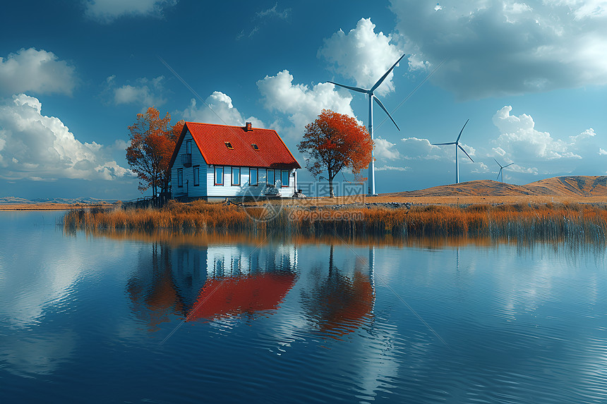 湖畔的房子和风车图片