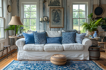 蓝色墙海洋主题墙饰的客厅背景