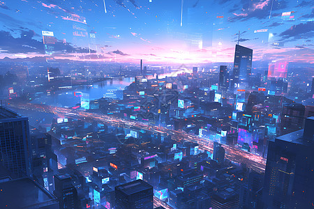 紫色天空下的未来城市图片