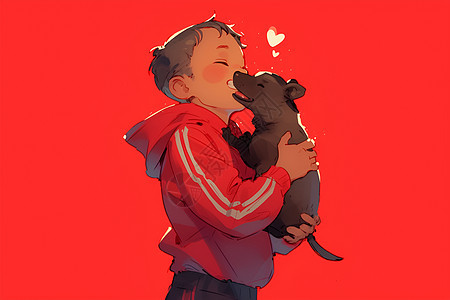 卡通男孩穿着运动服抱着宠物狗图片