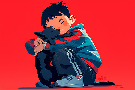 可爱的卡通男孩和黑色小狗图片