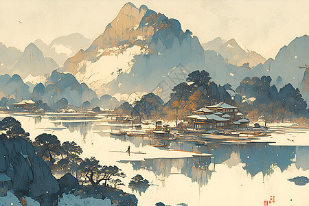 绘画的湖畔和村庄背景图片