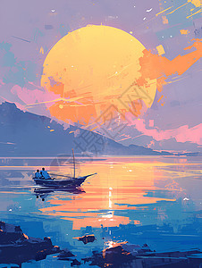日落时湖泊上的船只图片