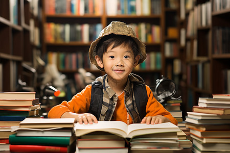 图书馆儿童在图书馆的小男孩背景