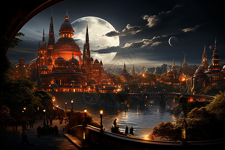 月光下的城市背景图片
