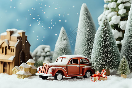 红色背景圣诞红色卡车插画