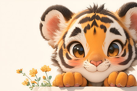 可爱的小老虎和花丛图片