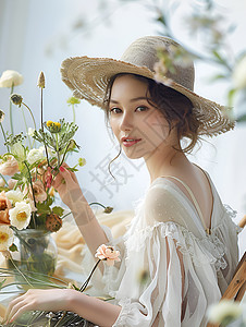 帽子和鲜花优雅的女人戴着帽子背景