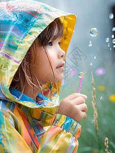 穿着雨衣的女孩吹泡泡高清图片