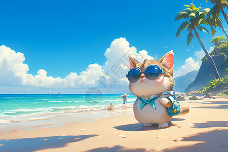 海滩上戴着墨镜的猫咪图片