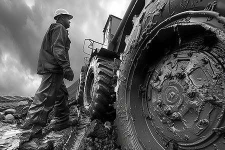 矿场推土机旁边的工人图片