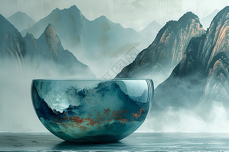 蓝色山水瓷盆图片