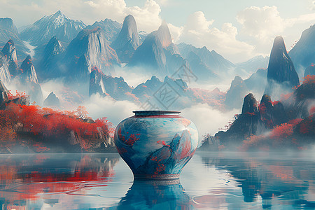 山水间的青瓷花瓶图片