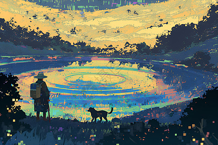 在湖边和狗散步的人图片