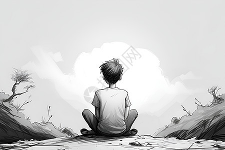 坐在石头上凝望天空的男孩图片