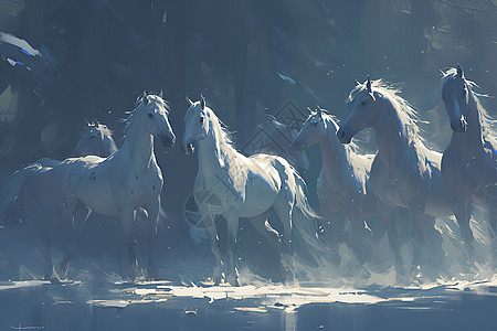 雪地中奔跑的马群图片
