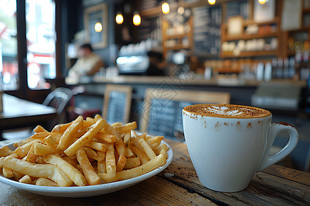 一杯咖啡和一盘松露薯条背景图片