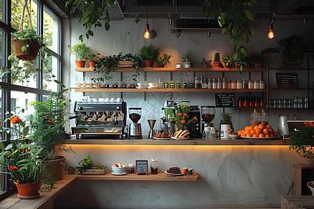 极简美食餐厅里的植物与美食背景