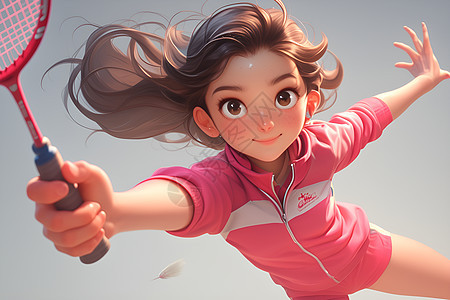 亮丽的亚洲卡通女孩在白色背景下穿着粉色运动服手戴耳机挥舞着网球拍打球图片