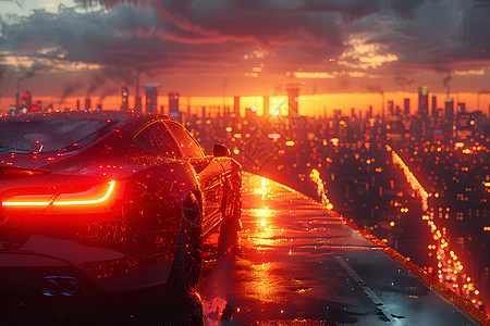 日落时分城市街道上的汽车图片