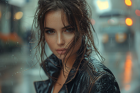 雨天穿着黑色皮衣的女孩图片