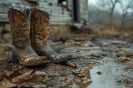 泥泞土壤上的一双靴子图片