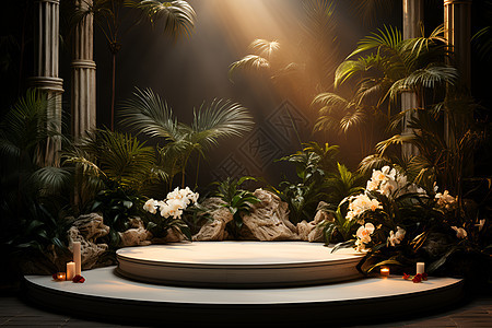 光影和植物背景的展台图片