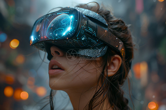 夜幕下的城市中的VR少女图片