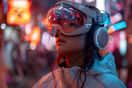 城市中戴VR眼镜的科技少女图片