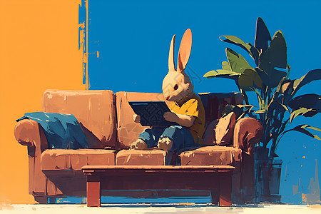 沙发上玩手机的兔子图片
